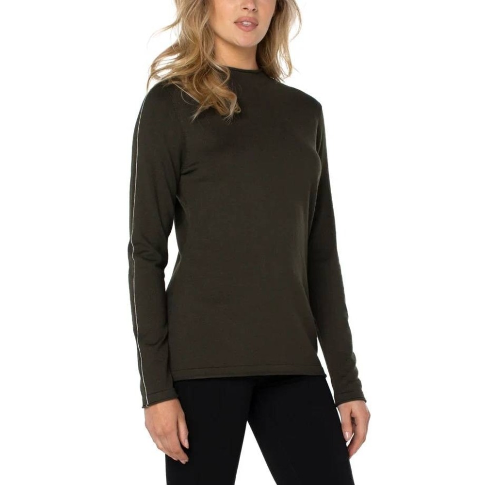 Liverpool Mock Neck Rolled Hem Long Sleeve Sweater Women Small Black Stripe Trim
